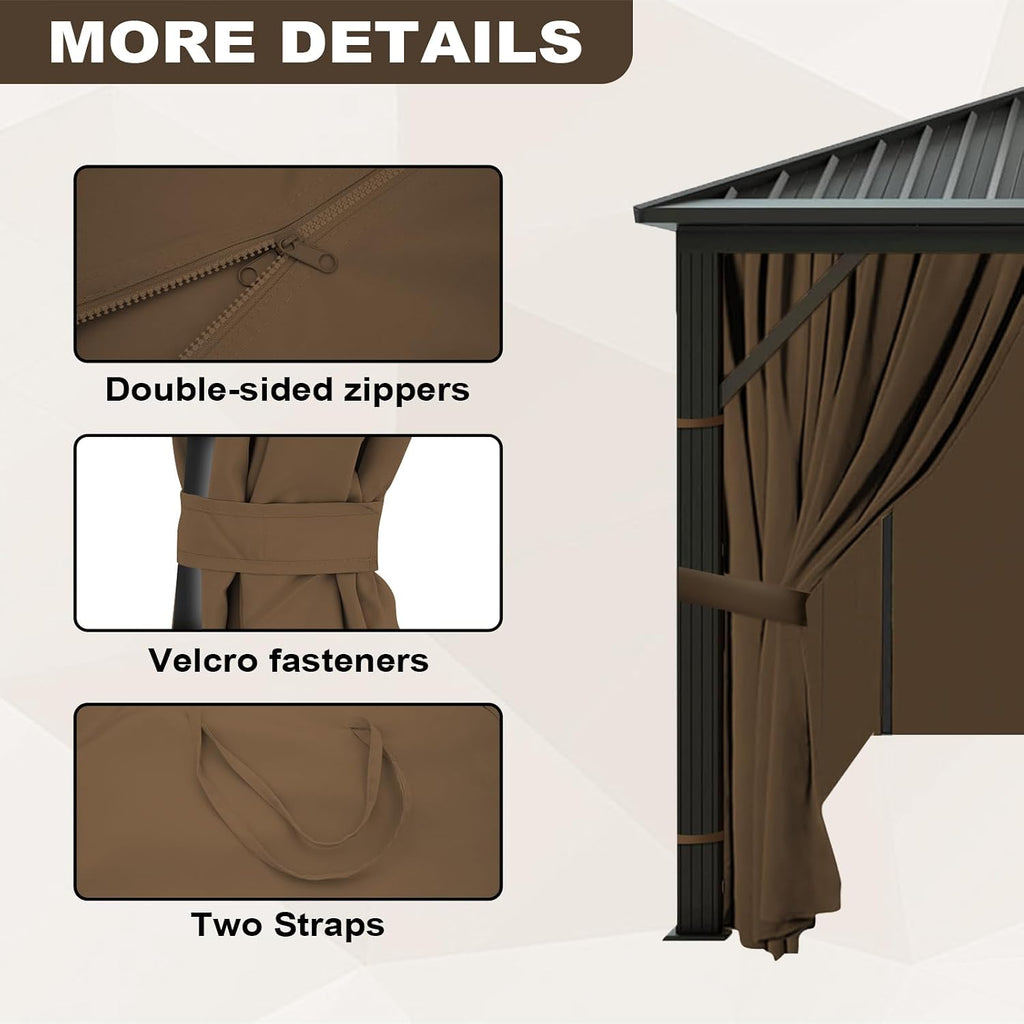 slashome 12'x12' Gazebo Curtains Outdoor Waterproof, Brown Universal Replacement Curtain 4-Panels, Sidewalls with Zipper for Garden, Patio, Yard (Only Curtains)