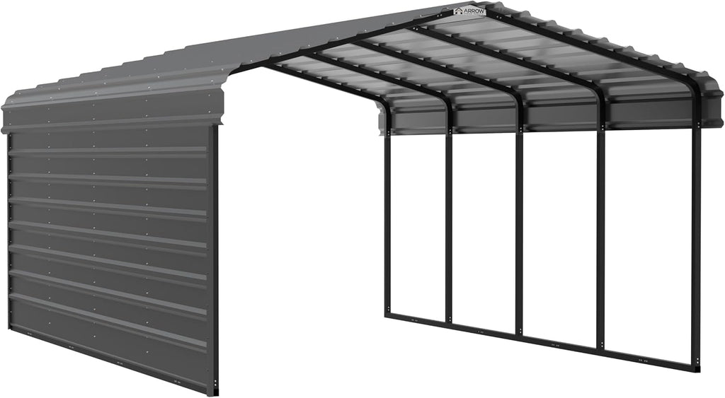 Arrow Carports Galvanized Steel Carport, with 1-Sided Enclosure, Compact Car Metal Carport Kit, 12' x 20' x 7', Charcoal