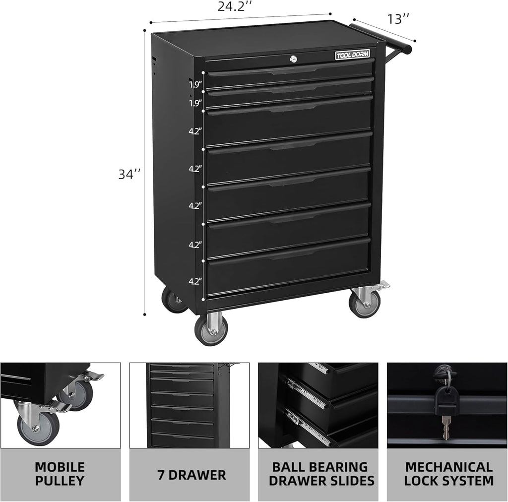 Rolling Tool Chest, 7-Drawer Small Tool Cabinet, Metal Tool Box with Wheels & Locking System, Ergonomic Push-Pull Handle for Garage, Workshop, Warehouse Organizer & Storage