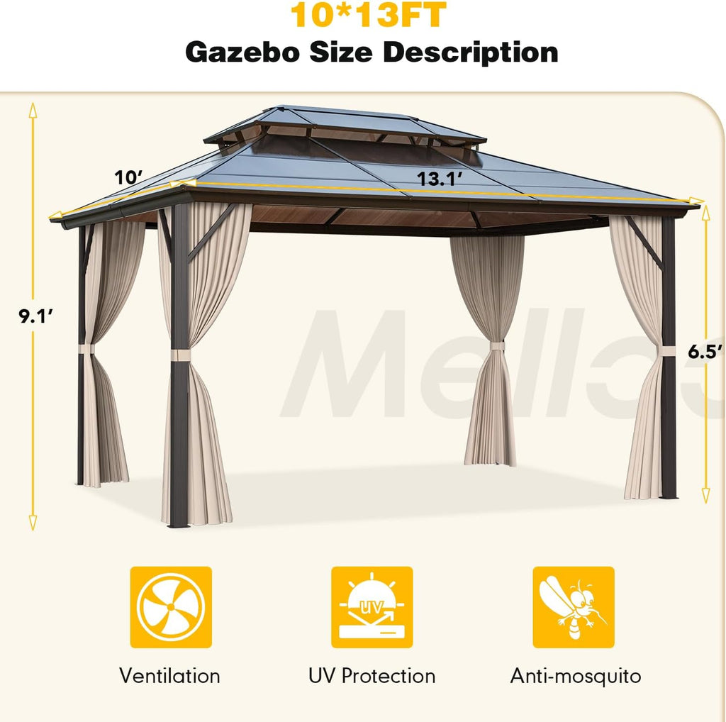 MELLCOM 10 x 13ft Hardtop Gazebo, Polycarbonate Double Roof Aluminum Gazebo, Outdoor Waterproof Canopy with Netting and Curtains for Backyard, Deck, Patio