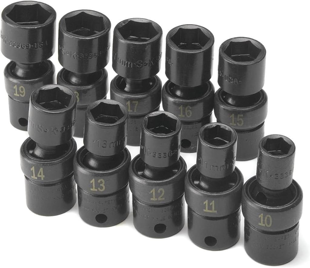 SK Tools USA 3/8' Drive, 10 Piece, 6 Point, Standard Metric Swivel Impact Socket Set: 10MM - 19MM, 33351