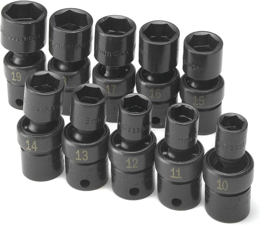 SK Tools USA 3/8' Drive, 10 Piece, 6 Point, Standard Metric Swivel Impact Socket Set: 10MM - 19MM, 33351