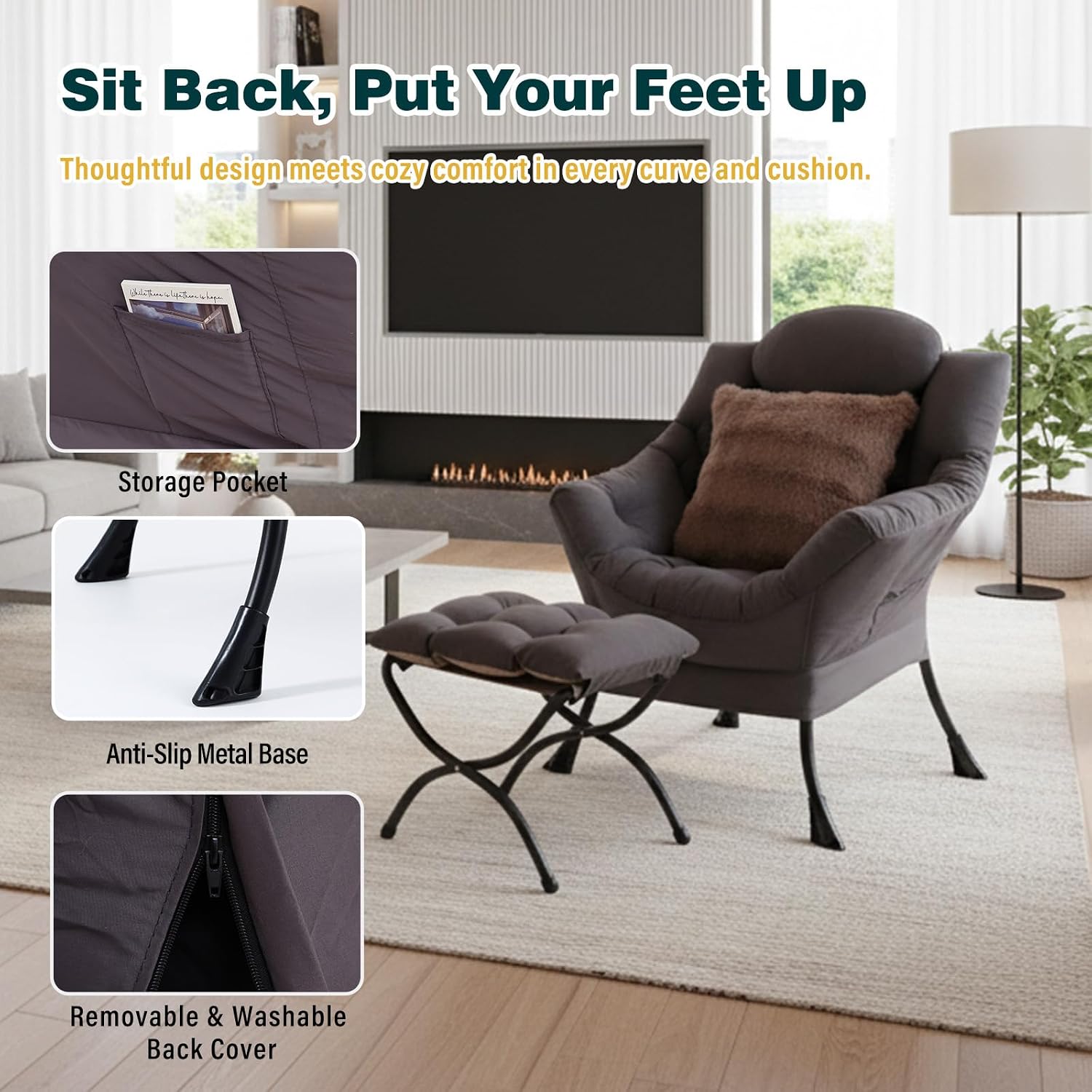 Lazy Chair with Ottoman, Large Accent Chair with Ottoman and a Throw Pillow, Shadow Grey Reading Chair for Living Room Bedroom Dorm Room Office Apartment Relaxing Use
