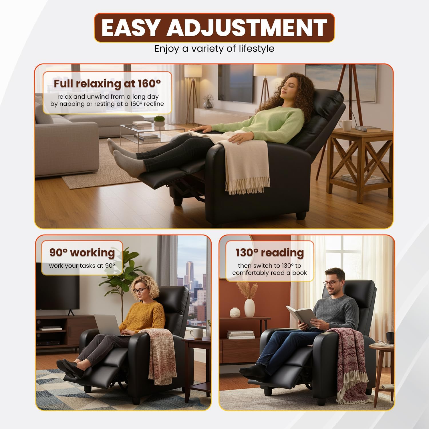 FDW Recliner Chair for Living Room Home Theater Seating Single Reclining Sofa Lounge with Padded Seat Backrest (Black)