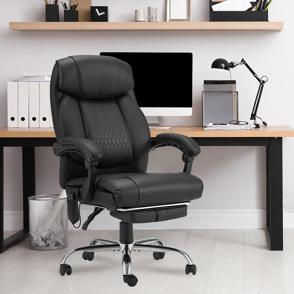HOMREST 4-Point Massage Office Chair with Heating and Footrest, Reclining Executive Leather Desk Chair, Ergonomic Heated Managerial Chair for Home Office, Black