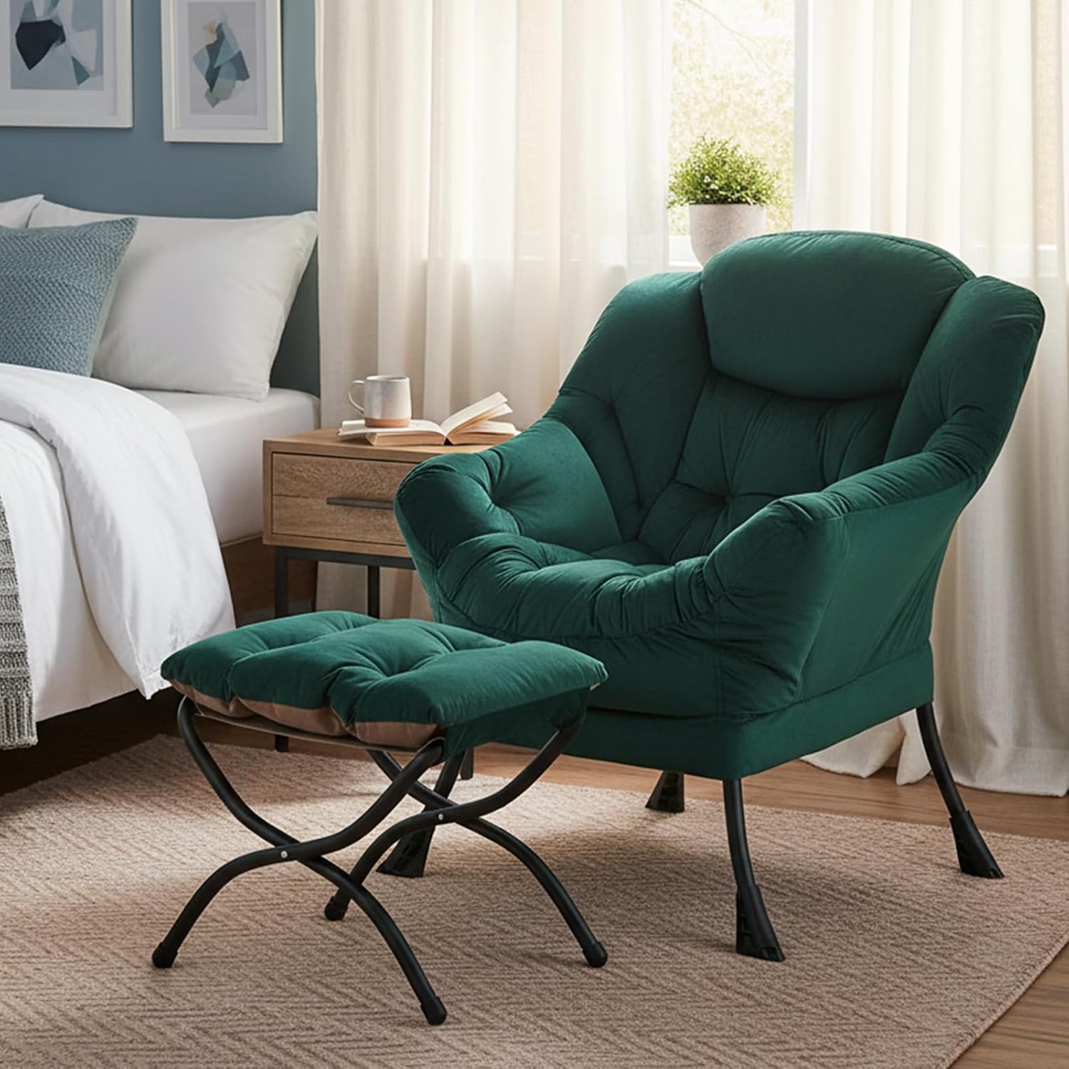 Welnow Lazy Chair with Ottoman, Modern Accent Chair with Armrests and a Side Pocket, Leisure Sofa Armchair, Reading Armchair with Footrest for Small Space, Dark Green