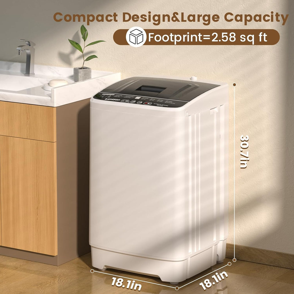 BANGSON 1.08cu.ft Portable Washing Machine, Full-Automatic washing Machine with 8 Programs 6 Water Levels, Drain Pump and LED Display, Compact Washer for Apartments, RVs, Homes, White