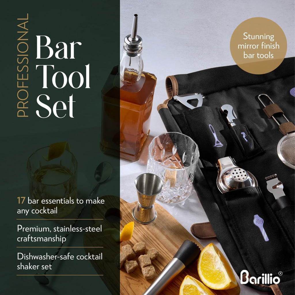Barillio Bartender Kit Bag with Cocktail Shaker Set - Waxed Canvas, Traveling Bar Tools Bag with 17-Pc Cocktail Kit - Travel Mixology Bartending Kits - Mobile Bar Roll with Strap & Accessories