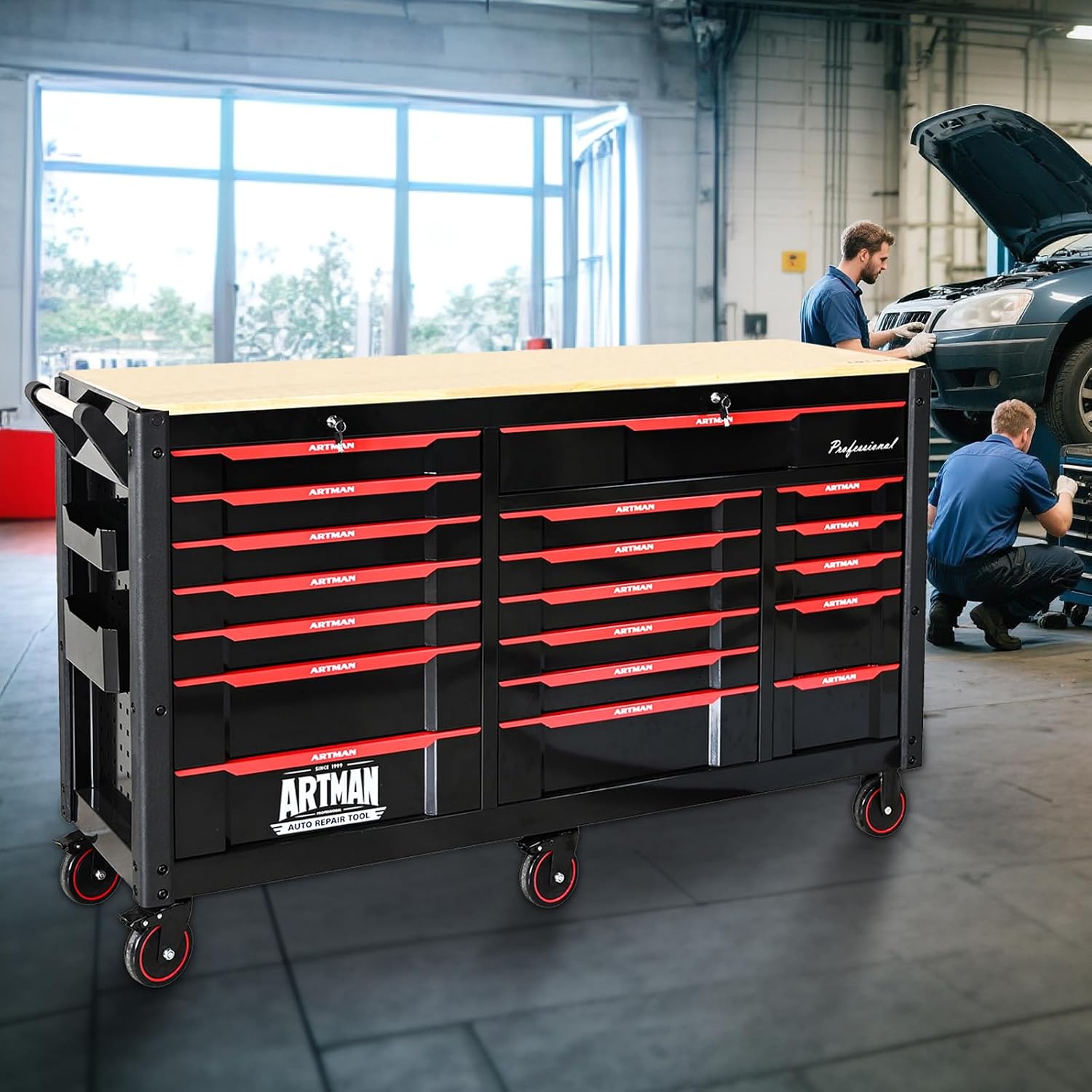 66' Rolling Tool Chest with 19 Drawers Large Mobile Workbench Heavy Duty Tool Cart on Wheels Work Bench Mechanic Toolbox Lockable Storage Cabinet for Garage, Workshop, Warehouse, Laboratory, Wood Top