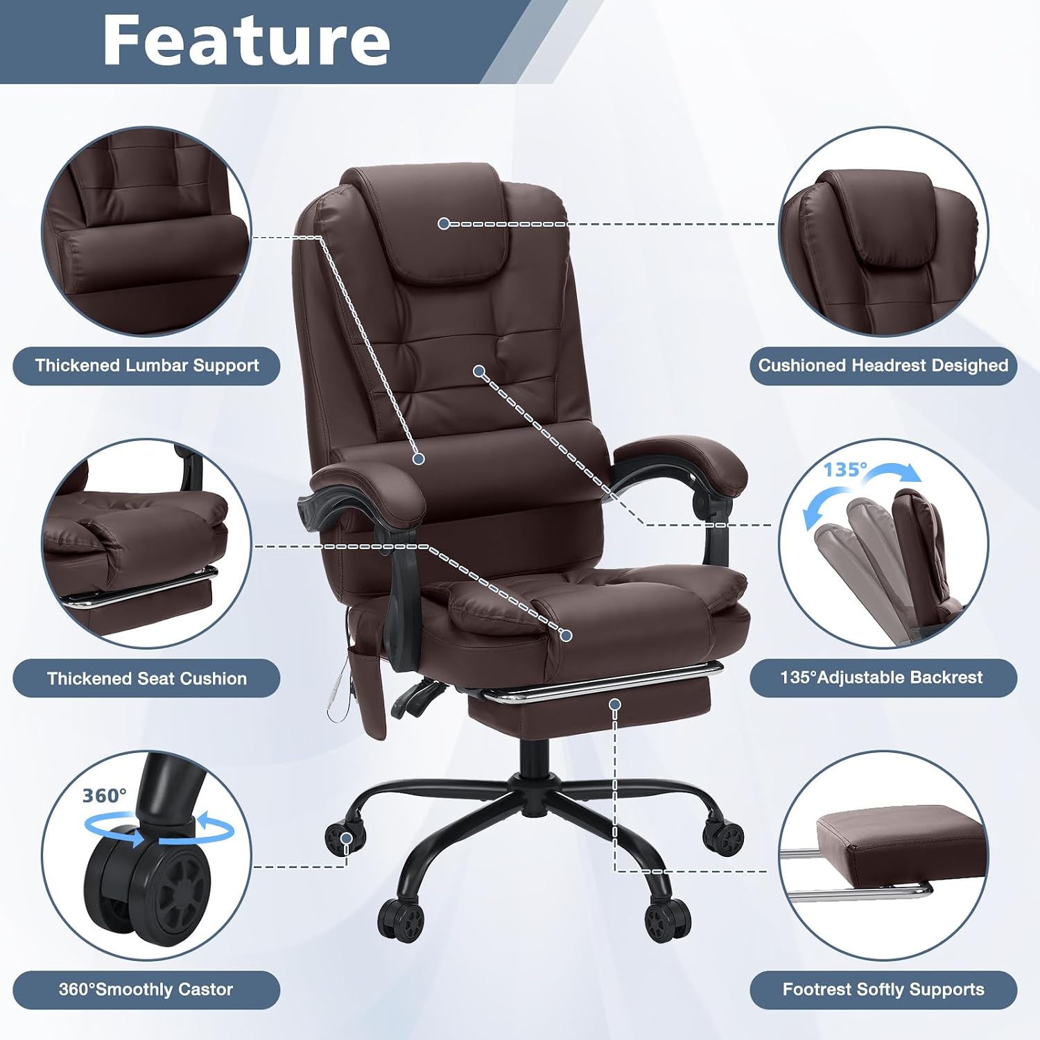 HOFFREE Massage Office Chair with Foot Rest 7 Points Vibration Ergonomic Executive Desk Chair Leather Computer Office Chair Brown