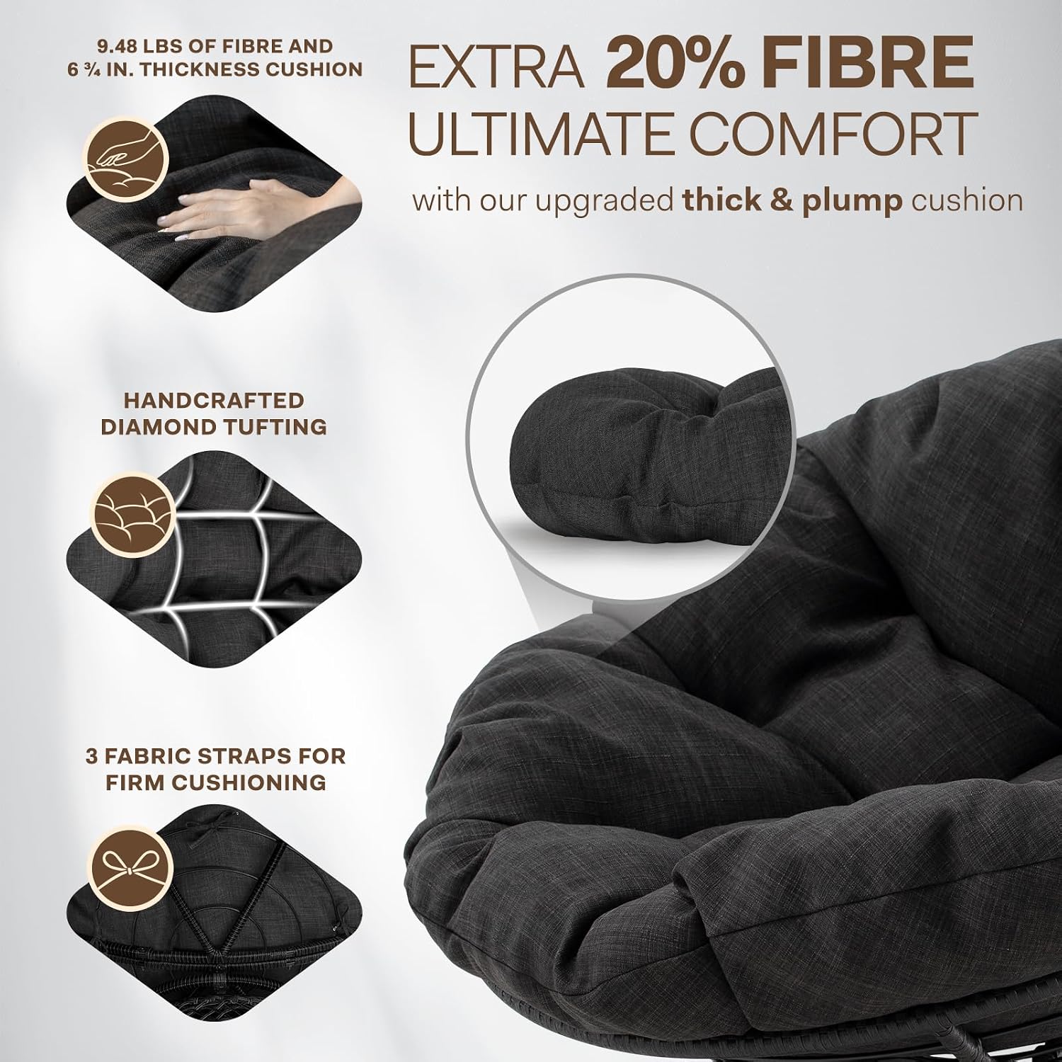 Bme 40' Ergonomic Wicker Papasan Chair with Soft Thick Density Fabric Cushion, High Capacity Steel Frame, 360 Degree Swivel for Living, Bedroom, Reading Room, Lounge, Onyx Stone - Black Base