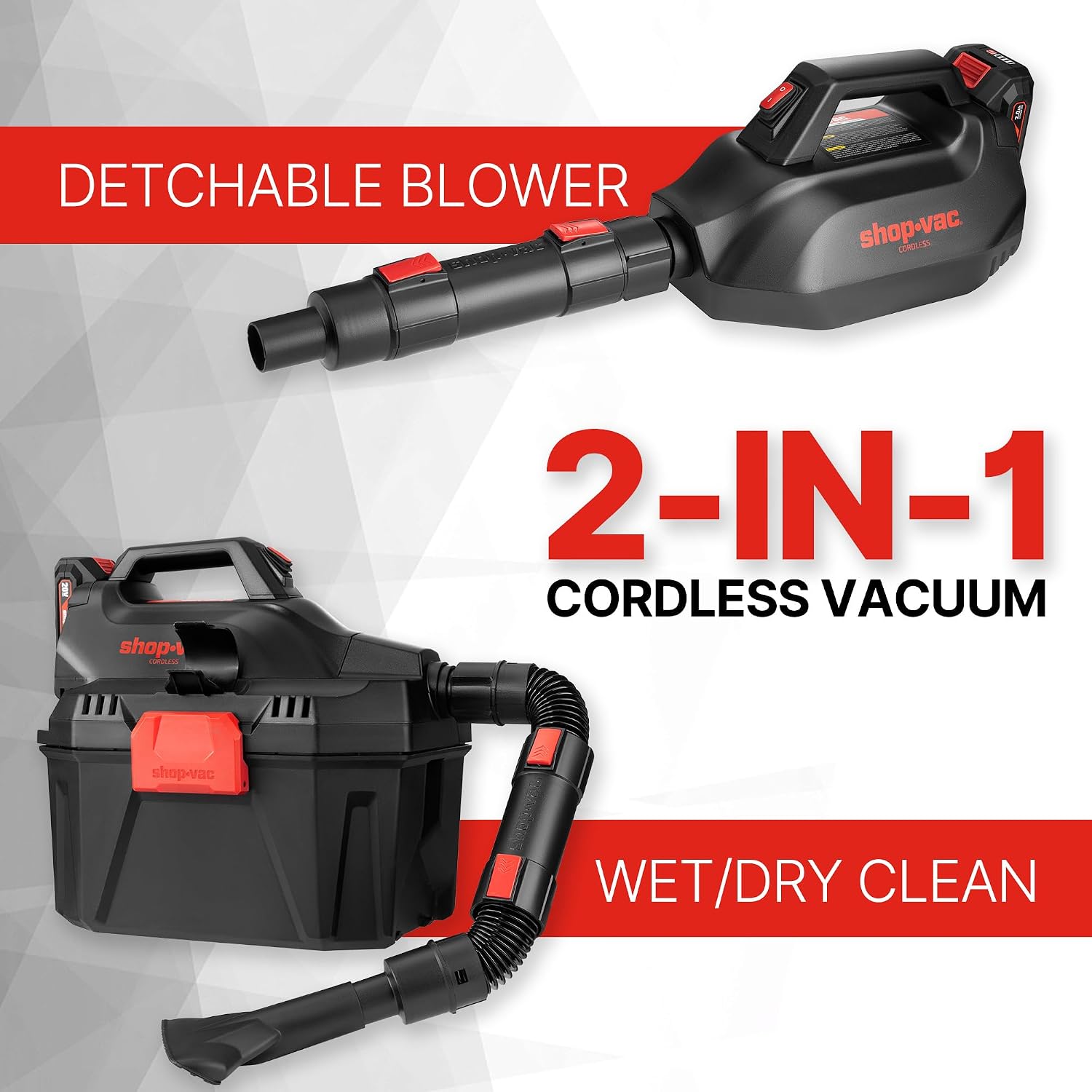 Shop-Vac 5430022 Cordless 2-in-1 Wet/Dry Vac and Blower, 1.5 Inch Diameter x 5 Foot Hose, Includes 20V Rechargeable Battery, Lightweight Design