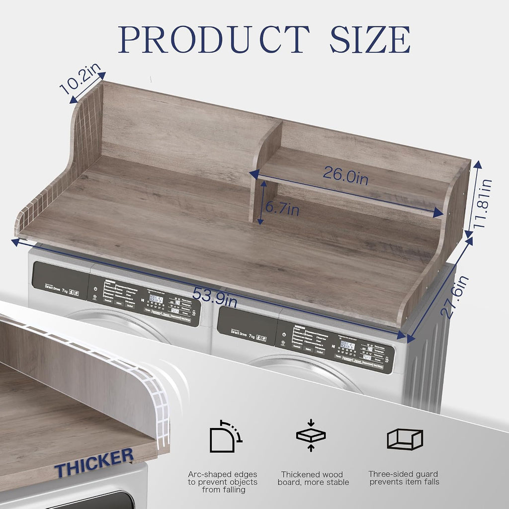 DTK Washer Dryer Wood Countertop with Shelf, Laundry Topper with Non-Slip Mat,27.55' Depth x 54' Width Dryer Covers for The Top with Edge Rails (Rural)