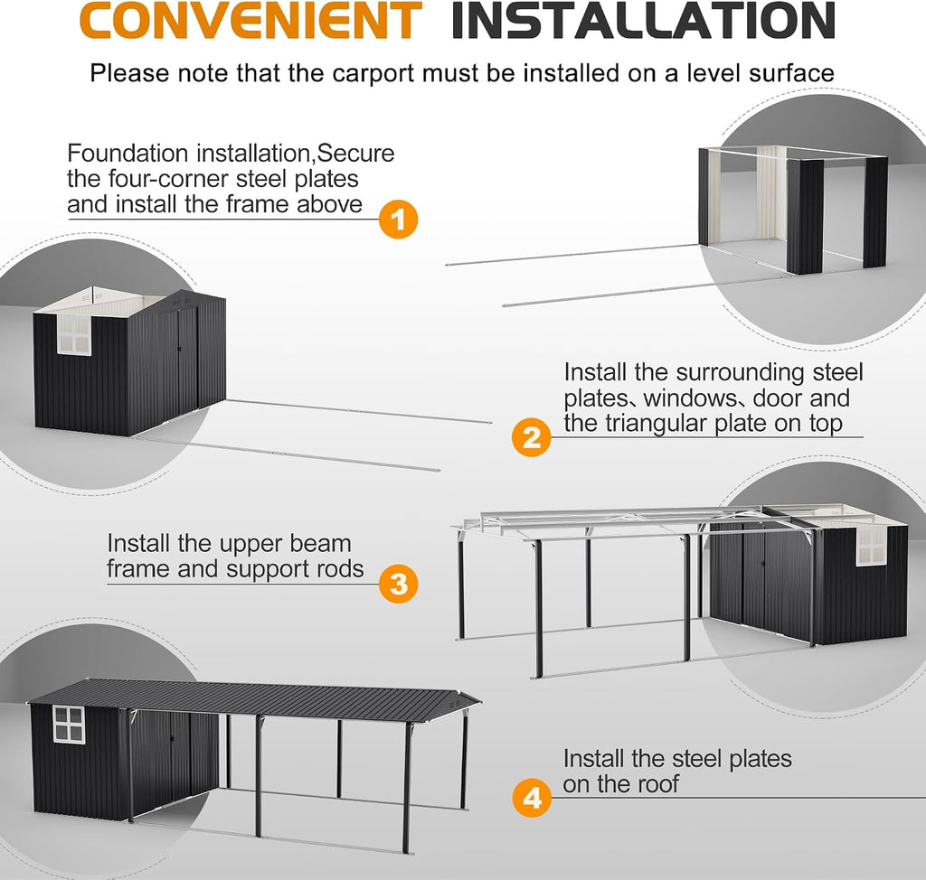 KEIKI 12x23 FT Heavy Duty Metal Carport with Storage Shed, Steel Garage Shelter with Sliding Door, Waterproof Sloped Roof, UV Protection Panels, Outdoor Car Canopy for Car, Boat, Tractor