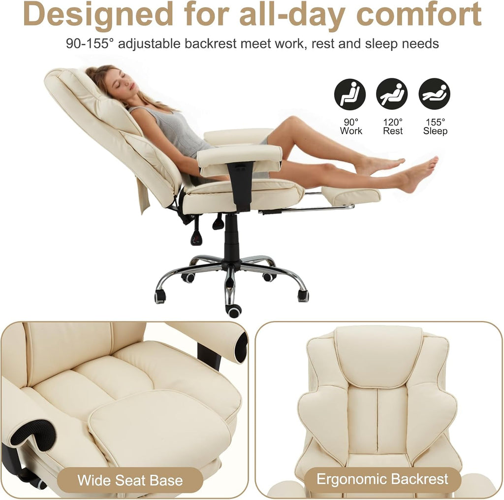 Heated Massage Office Chair with Retractable Footrest, 6-Point Vibration Massaging Office Chair with Remote & Timer, 90°–155° Recline Ergonomic PU Leather Computer Chair, 350 LBS
