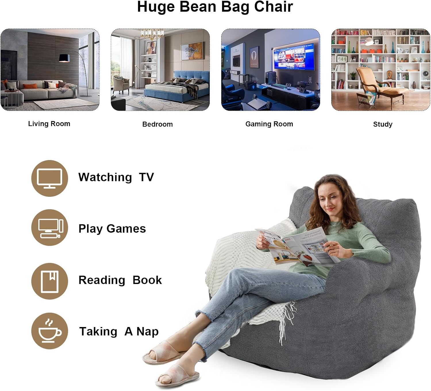DKLGG Bean Bag Chairs for Adults, Giant Bean Bag Chair with Filler Included Faux Fur Bean Bag Sofa Memory Foam Large Bean Bag Chair with Armrest for Living Room, Bedroom, Gaming Room, Lounge, Grey
