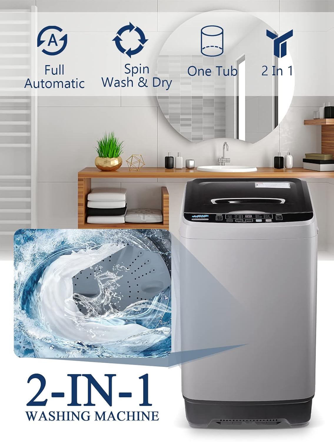 Full Automatic Washing Machine with LED Display, 17.7 lbs Portable Washer Drain Pump, 10 Programs & 8 Water Levels Selections, Ideal for RV, Camping, Apartment, Dorm, Dark Grey