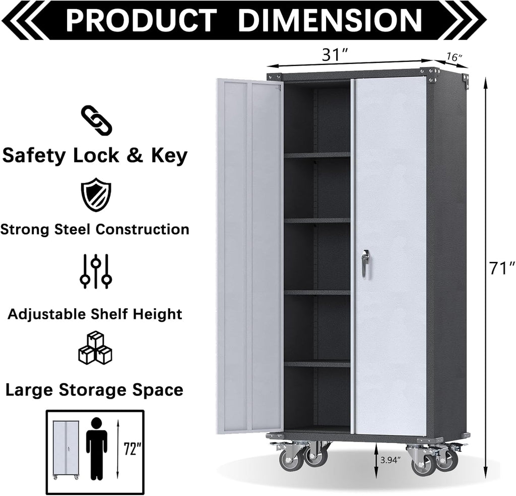 71'' Locking Metal Cabinet with 2 Door and 4 Adjustable Shelves, Lockable Garage Storage Cabinet on Wheels, Rolling Tool Cabinets for Utility Room, Home Office, Assembly Required