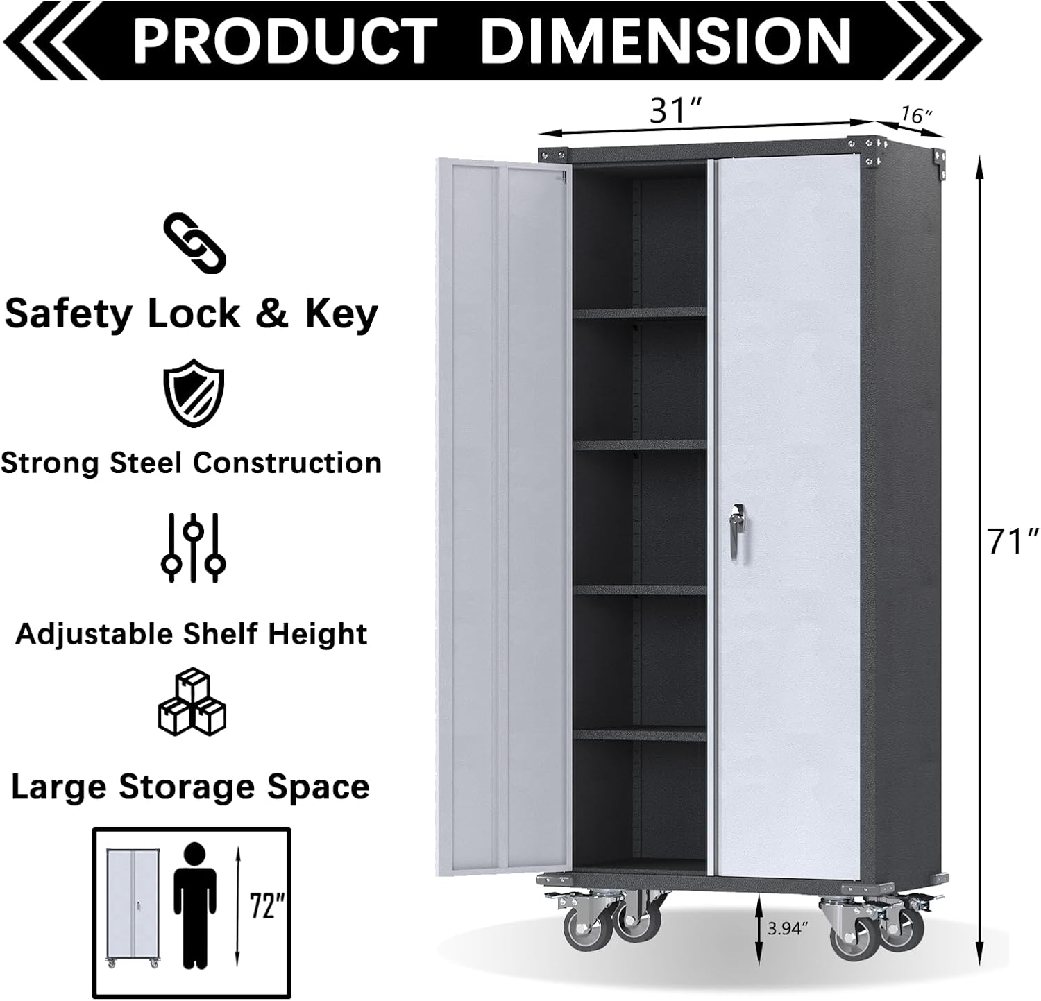 71'' Locking Metal Cabinet with 2 Door and 4 Adjustable Shelves, Lockable Garage Storage Cabinet on Wheels, Rolling Tool Cabinets for Utility Room, Home Office, Assembly Required