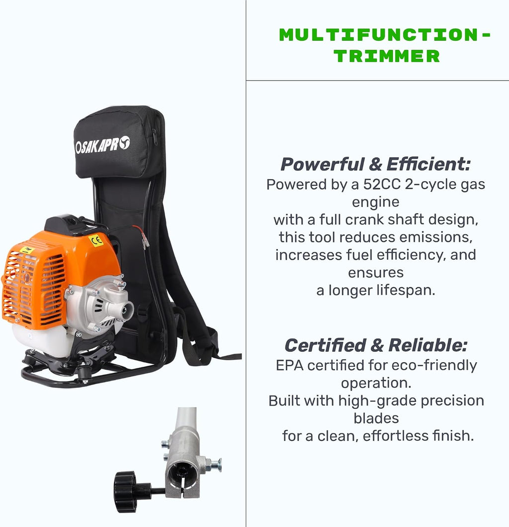 52cc 2-Cycle Backpack Gas Multi-Trimmer | 4-in-1 String Trimmer w/Rotatable Pole Saw, Weed Eater Weed Wacker, Brush Cutter & Hedge Trimmer Gas for Lawn, Yard, Garden Care, All-in-one Garden Tool