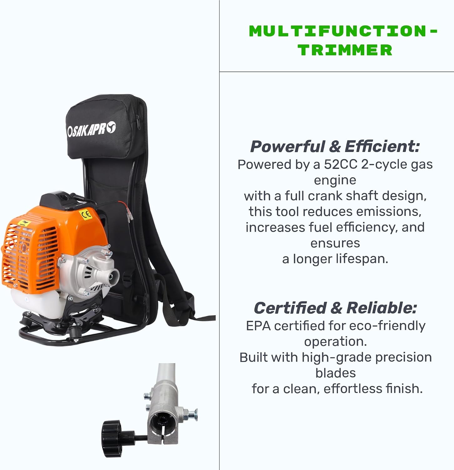 52cc 2-Cycle Backpack Gas Multi-Trimmer | 4-in-1 String Trimmer w/Rotatable Pole Saw, Weed Eater Weed Wacker, Brush Cutter & Hedge Trimmer Gas for Lawn, Yard, Garden Care, All-in-one Garden Tool