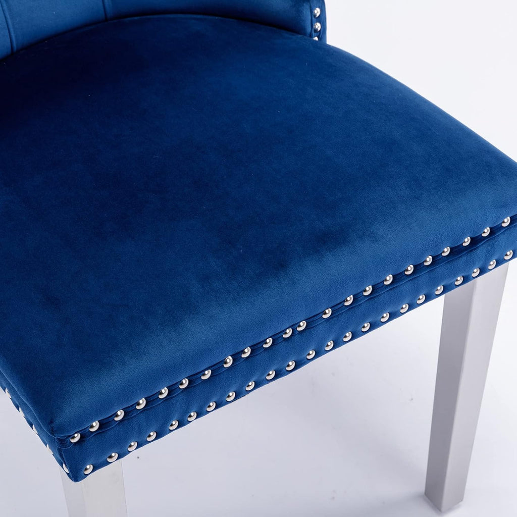 Ball & Cast Contemporary Upholstered Dining Chairs Set of 2, Velvet Button Tufted Kitchen Side-Chairs with Hang Ring & Nailhead Trims & Chrome Solid Wood Legs, 2-Piece Traditional Chair, Chrome+Blue