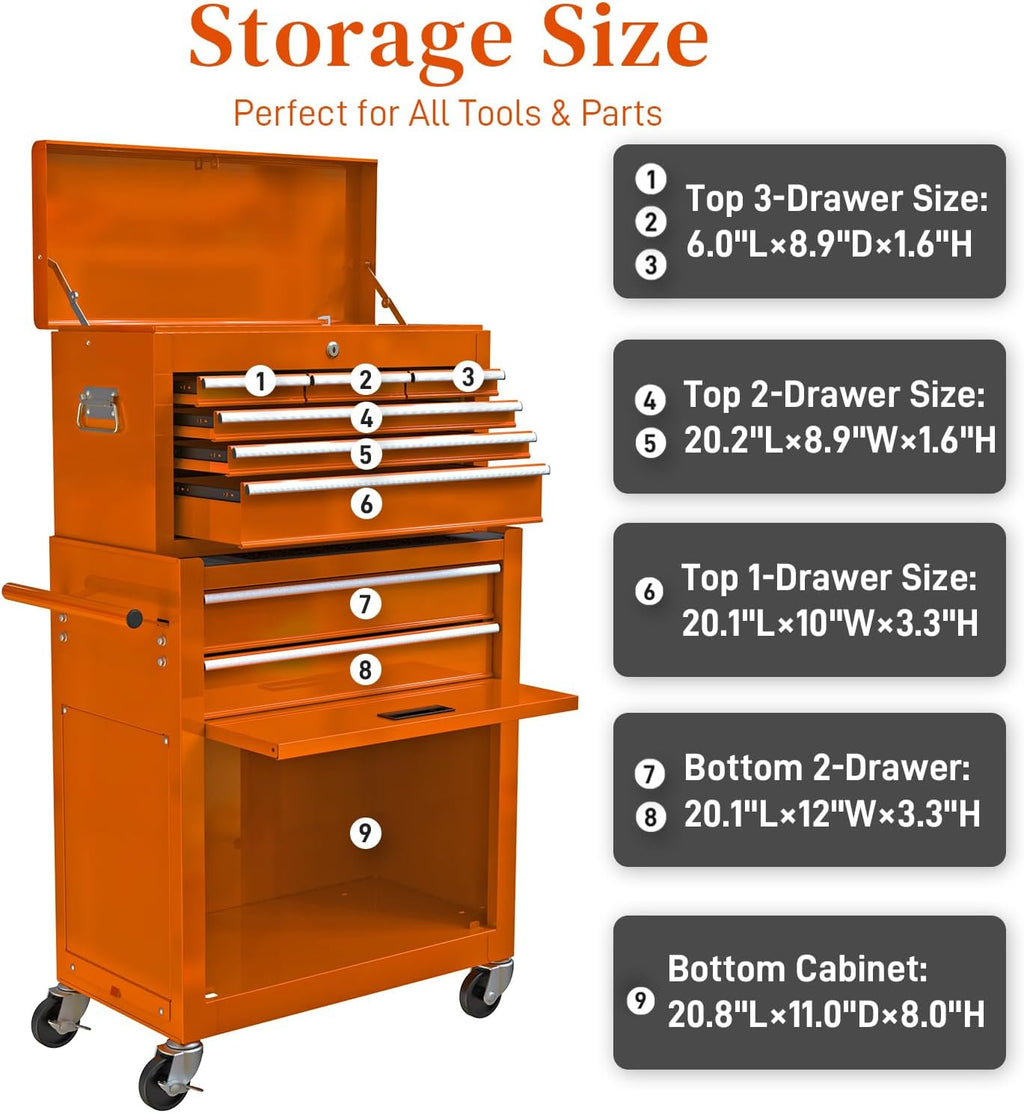 High Capacity Rolling Tool Chest with 8-Drawer Tool Box on Wheels Multifunctional Tool Cart Mechanic Tool Storage Cabinet for Garage, Warehouse, Workshop, Repair Shop (Orange)