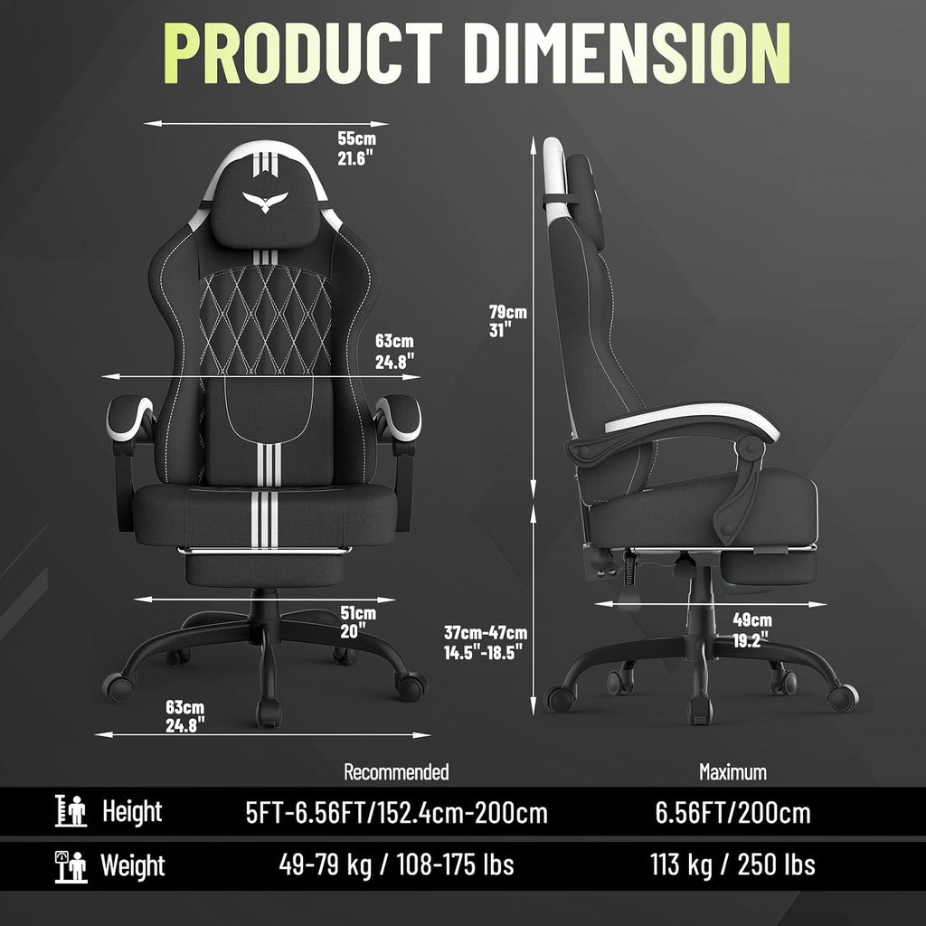 Ferghana Cotton Fabric Gaming Chair with Wider Seat Cushion, Diamond Double-Stitching Ergonomic High Back Game Chair with Footrest, Computer Chair with Massage Lumbar Support for Adult, Black/White