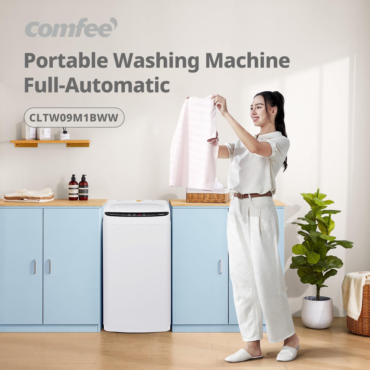 COMFEE' Portable Washing Machine, 0.9 cu.ft Compact Washer With LED Display, 5 Wash Cycles, 2 Built-in Rollers, Space Saving Full-Automatic Washer with wheels