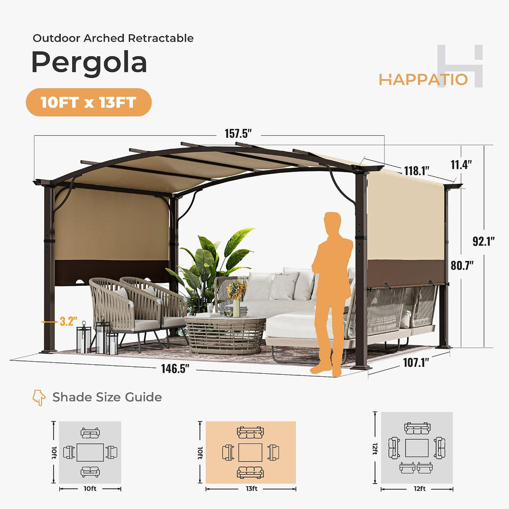 HAPPATIO 10' x13' Outdoor Retractable Pergola, Aluminum Pergola with Canopy Fixed in Various Positions, Arched Patio Top with Sun Shade Canopy Metal Frame for Backyards, Gardens, Patios (Brown)