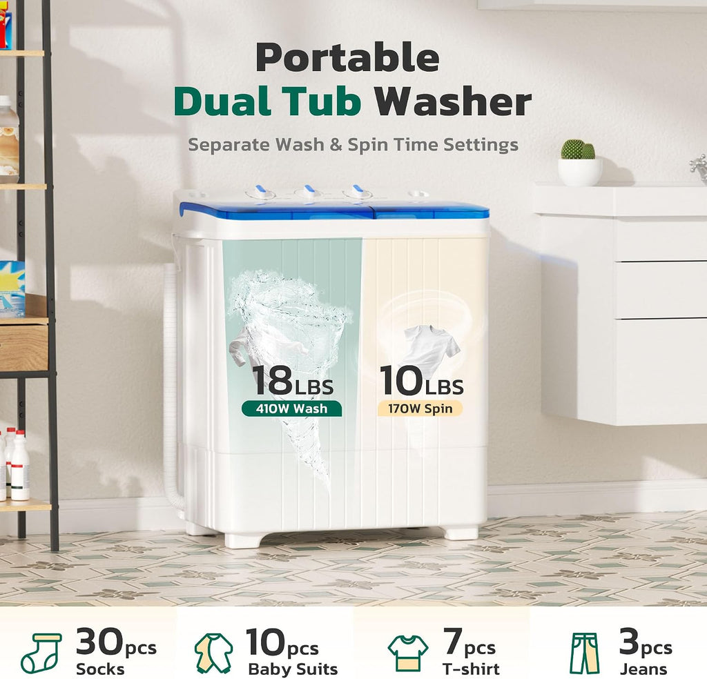 Greenvelly Portable Washing Machine, 28 Lbs Capacity Twin Tub Washing Machine, 18lbs Washer and 10lbs Spinner Combo, Compact Laundry Washer for Apartment,Camping, RVs and Dorms, Blue+White