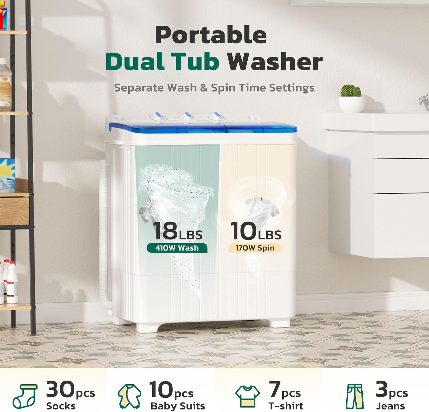 Greenvelly Portable Washing Machine, 28 Lbs Capacity Twin Tub Washing Machine, 18lbs Washer and 10lbs Spinner Combo, Compact Laundry Washer for Apartment,Camping, RVs and Dorms, Blue+White