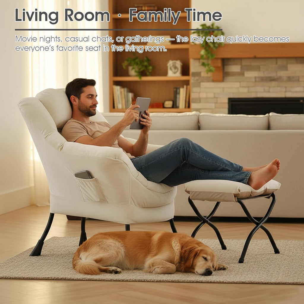 Lvory Lazy Chair with Ottoman, Large Velvet Accent Chair with a Throw Pillow, Comfy Leisure Sofa Chair for Living Room Bedroom Dorm Room Office Apartment Reading Relaxing Use
