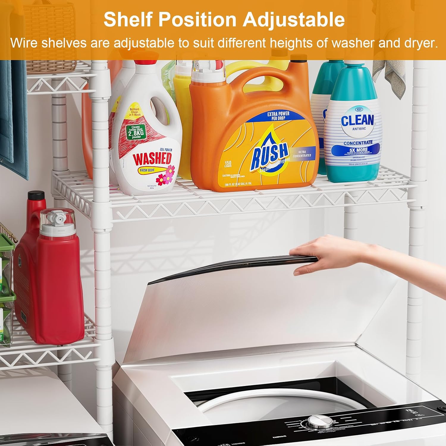 ULIFHOME U14 Medium Over the Washer and Dryer Shelves, 4 Tiers Laundry Room Storage and Organizer System, Space Saving Clothes Drying Rack with 2 Clothes Hanger Rods, 57.8'W x 20.5'D x 77.4'H, White