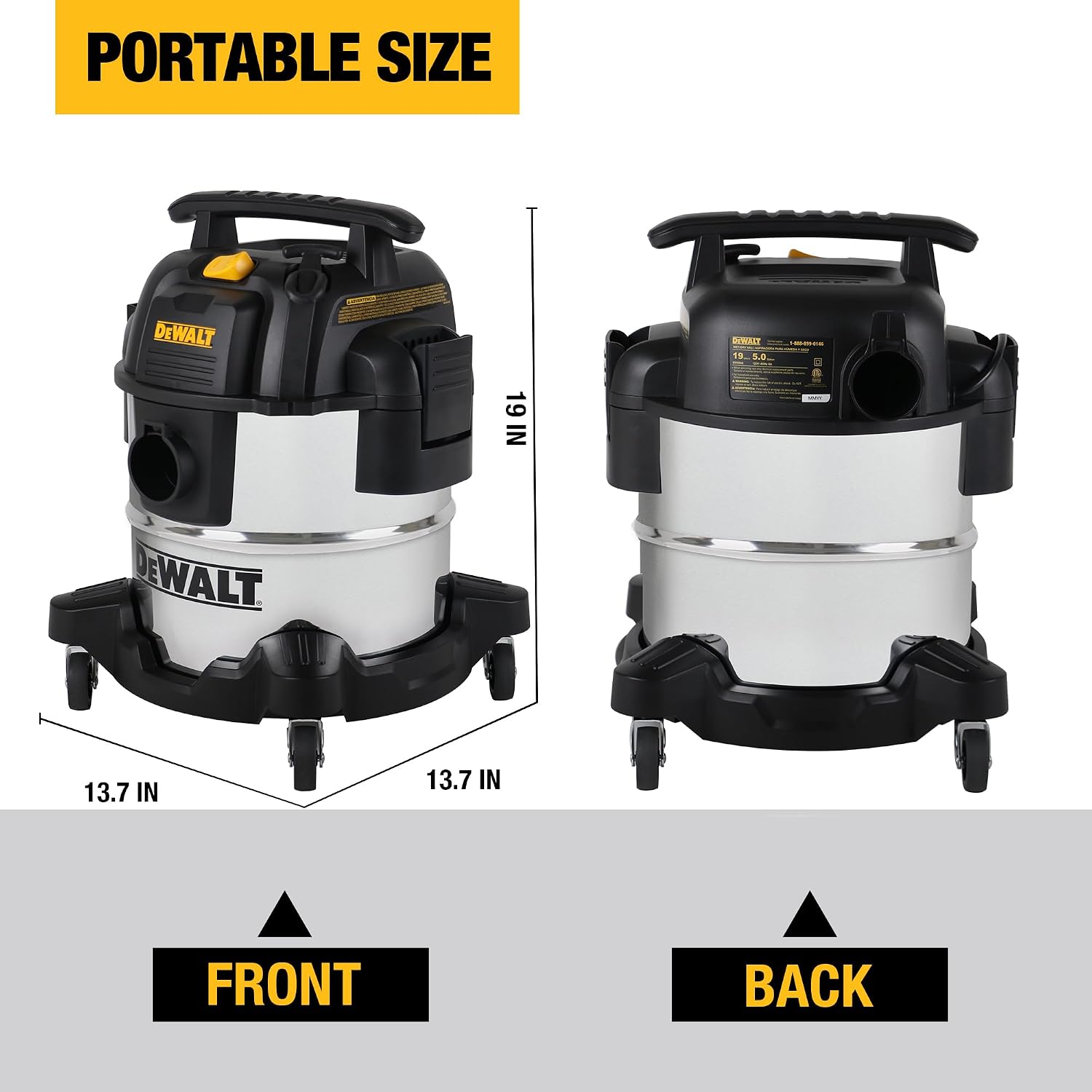 DEWALT DXV05S 5 Gallon Stainless Steel Wet/Dry Vac, 4 Peak HP Shop Vacuums with Attachments, Powerful Suction, 1-7/8' Hose, DXV05S, Silver