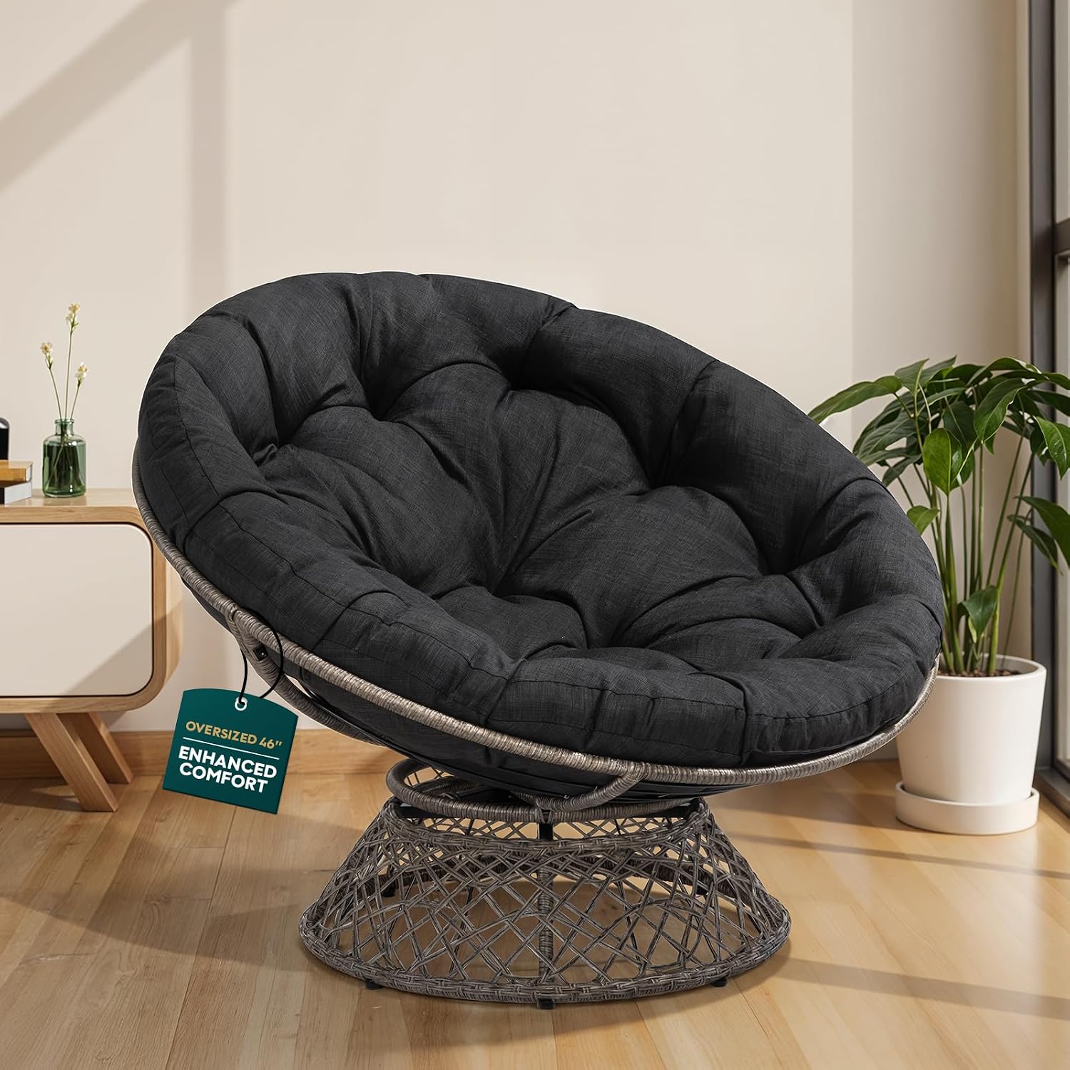 Bme 46' Large Size Ergonomic Wicker Papasan Chair with Soft Thick Density Fabric Cushion, Bee-Designed Base, High Capacity Steel Frame, 360 Degree Swivel for Living, Bedroom,...