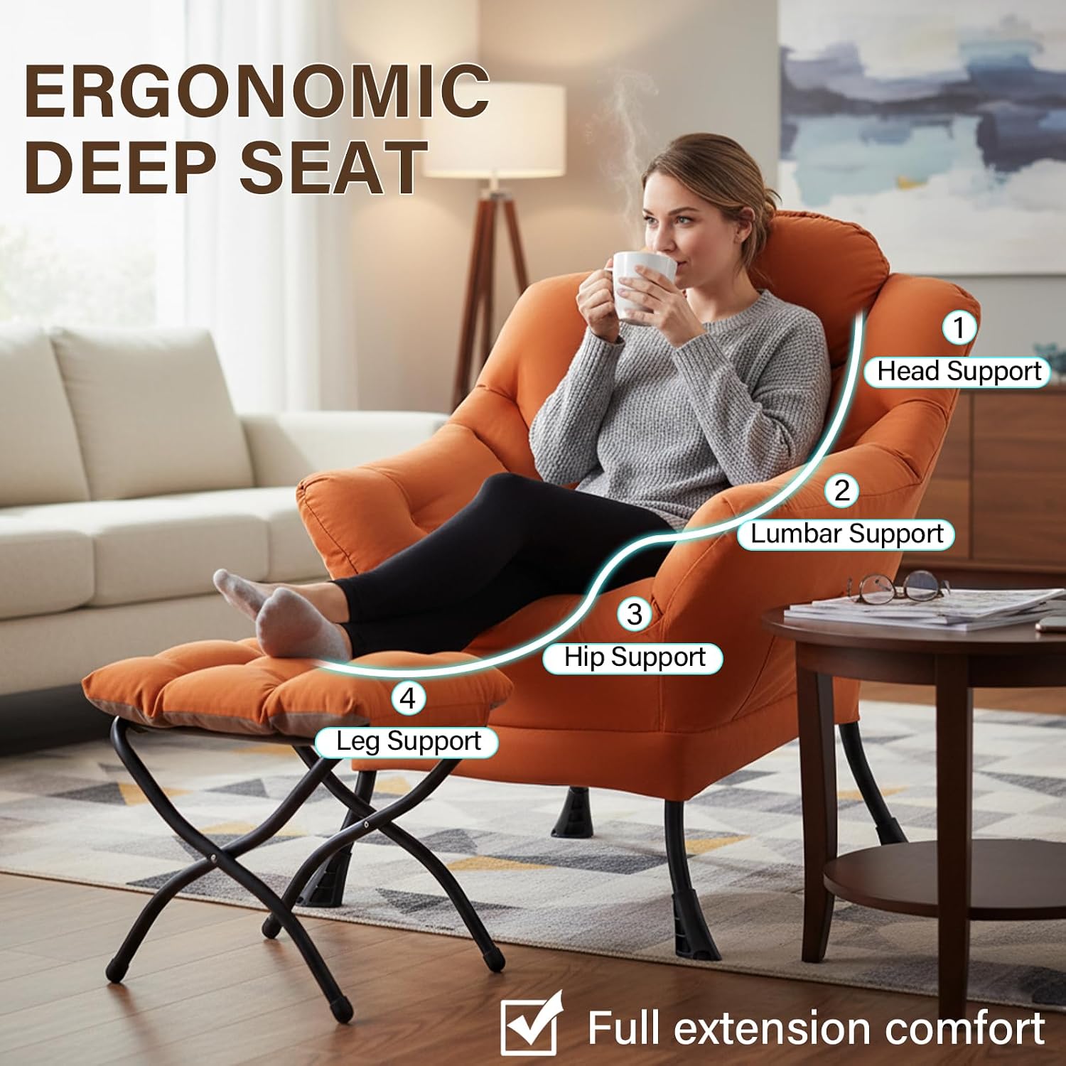 Welnow Lazy Chair with Ottoman for Living Room, Modern Reading Accent Chair with Armrests and a Side Pocket, Leisure Upholstered Lazy Sofa for Small Space, Bedroom, Dorm, Orange