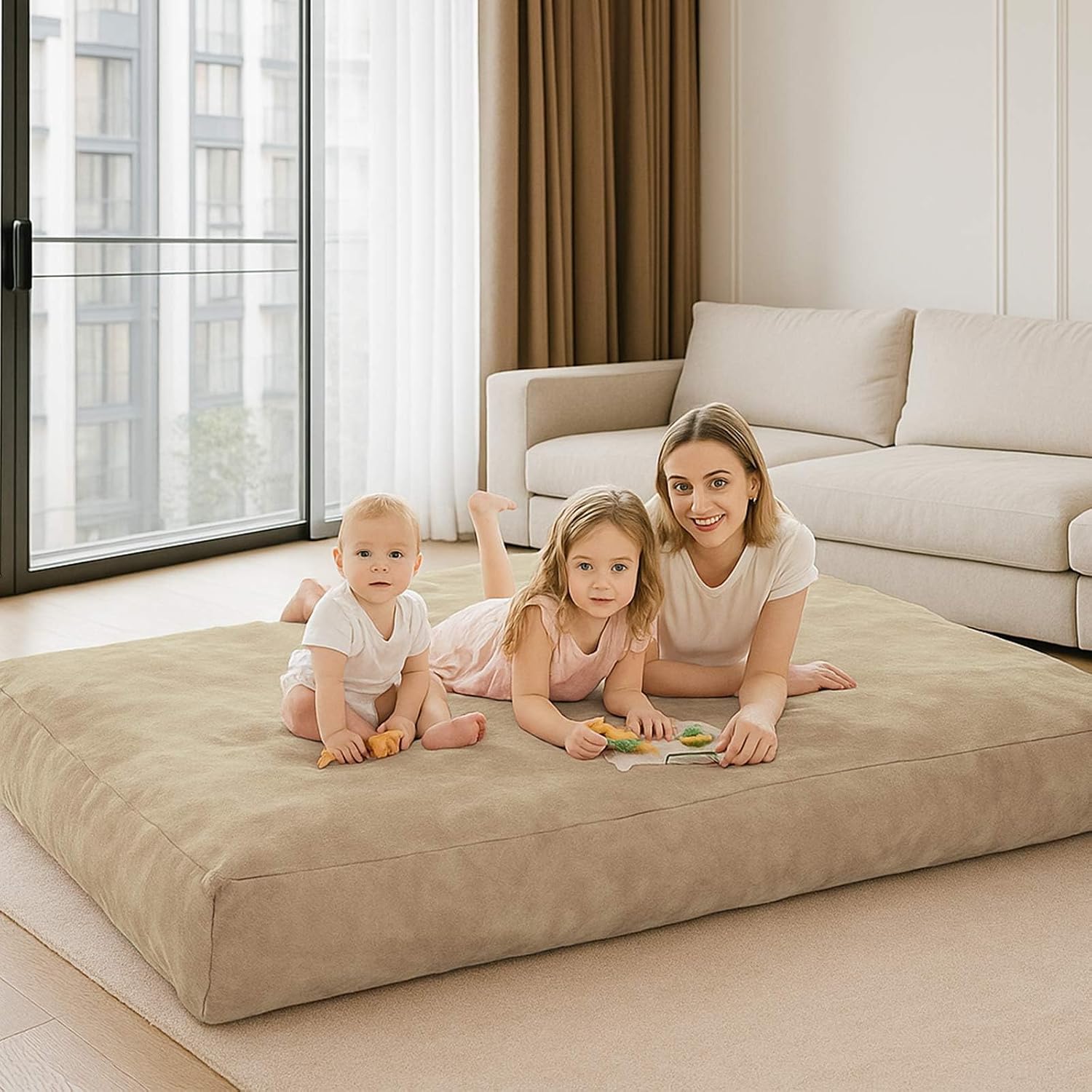 Adult Bean Bag Chair Bed, Bean Bag Sofa with Filling, Memory Foam, Comfortable Floor Sofa Bed, Boneless Floor Chair, Suitable for Living Room Bedroom Dormitory Balcony Lounge (Apricot, Chair Bed)
