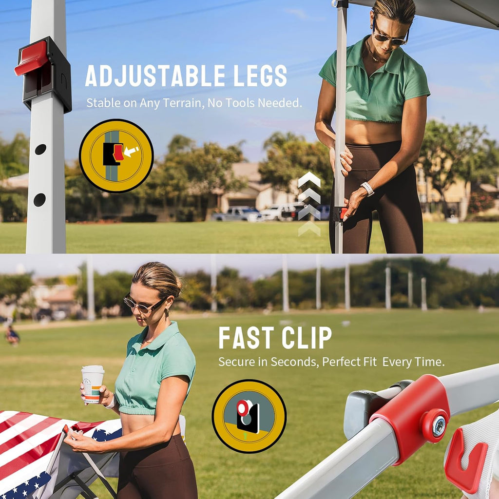 CROWN SHADES 10x10 Pop Up Canopy - Beach Tent with One Push Setup - Easy Outdoor Sun Shade for Events, Parties, Camping - Gazebo with STO-N-Go Cover Bag, Silver Coated Top, American Flag