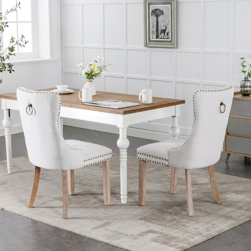 Ball & Cast Contemporary Upholstered Dining Chairs Set of 2, Button Tufted Kitchen Side-Chairs with Hang Ring & Nailhead Trims & Solid Wood Legs, 2-Piece Backrest Traditional Chair, Linen Beige