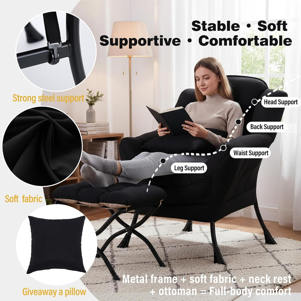 Lazy Chair with Ottoman, Large Accent Chair with Ottoman and a Throw Pillow, Black Reading Chair for Living Room Bedroom Dorm Room Office Apartment Relaxing Use