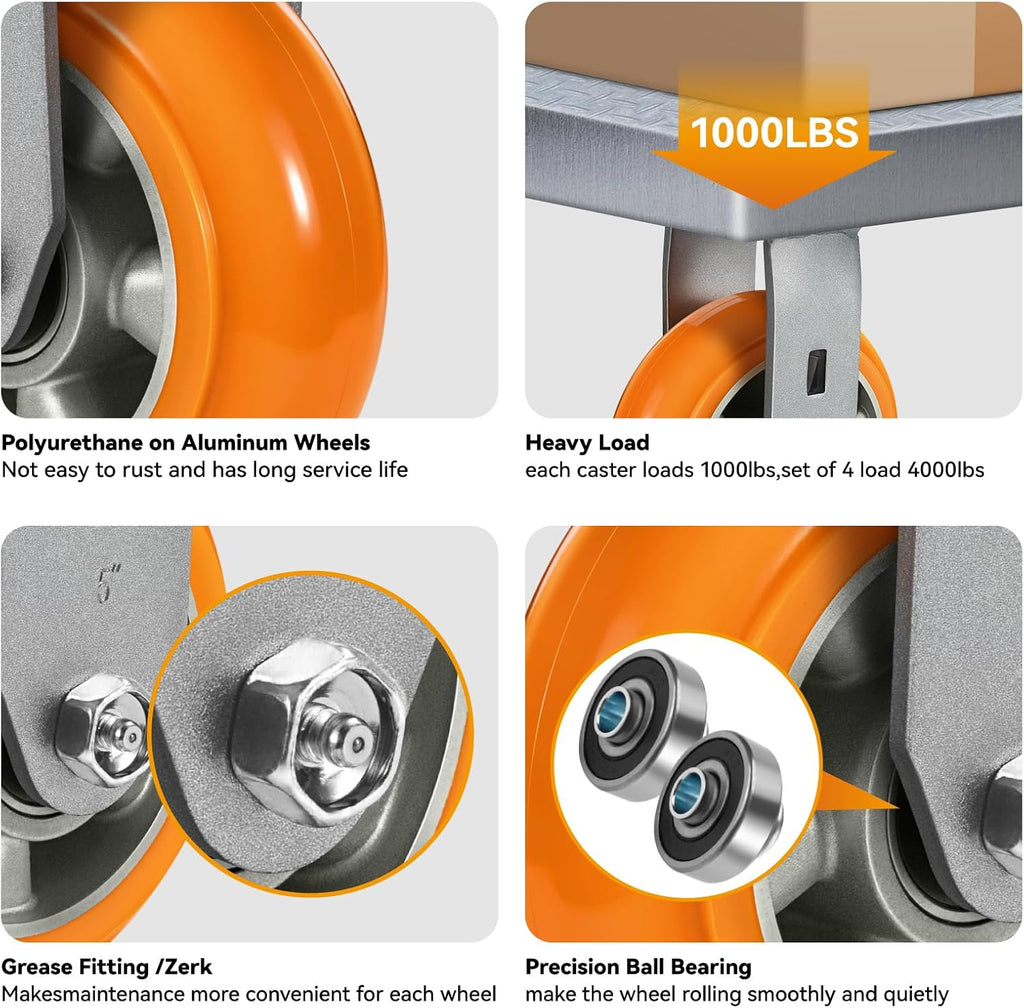 Caster Wheels, 5' Heavy Duty Industrial Swivel Caster, Crowned Tread Aluminum Core Thickened Polyurethane Casters Set of 4, Wheels for Cart Toolbox (2 Brake & 2 Rigid)