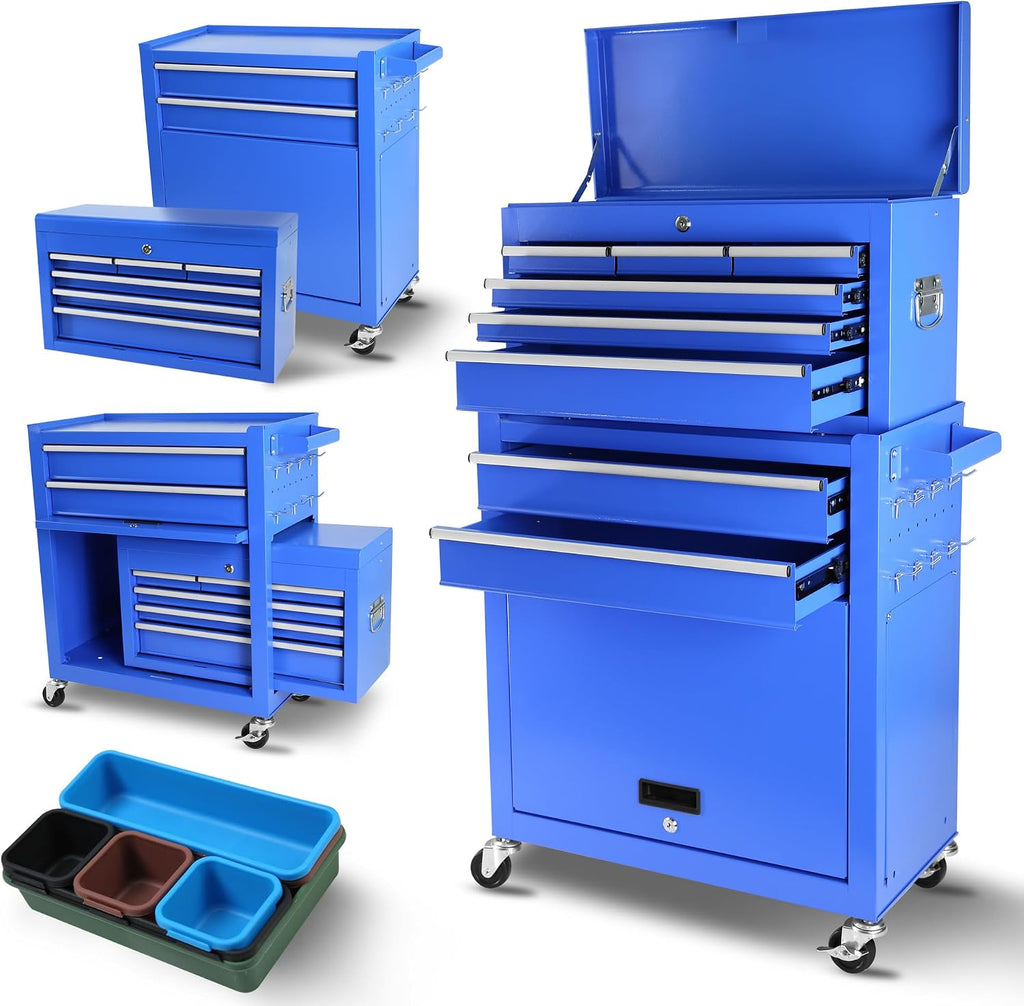 Rolling Tool Chest, 8 Drawer Rolling Tool Cabinet with Detachable Top Tool Box, Tool Cart On Wheels, Adjustable Shelf, Tool Organizer with Wheels for Garage Workshop