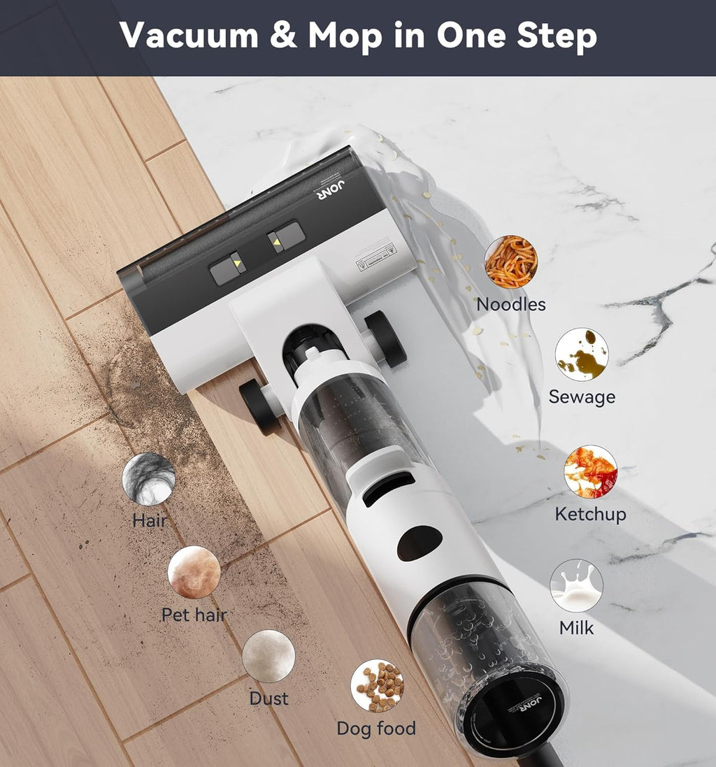 JONR ED12 Cordless Wet Dry Vacuum Cleaner and Mop, 3-in-1 Self-Cleaning Floor Washer for Hard Floors, 0.1-Inch Edge Cleaning, Lightweight for Spills, Pet Hair & Dust (L)
