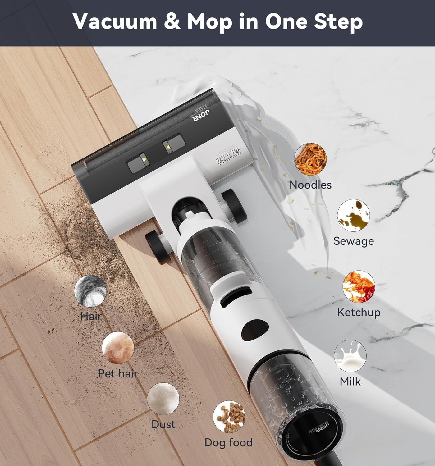 JONR ED12 Cordless Wet Dry Vacuum Cleaner and Mop, 3-in-1 Self-Cleaning Floor Washer for Hard Floors, 0.1-Inch Edge Cleaning, Lightweight for Spills, Pet Hair & Dust (L)