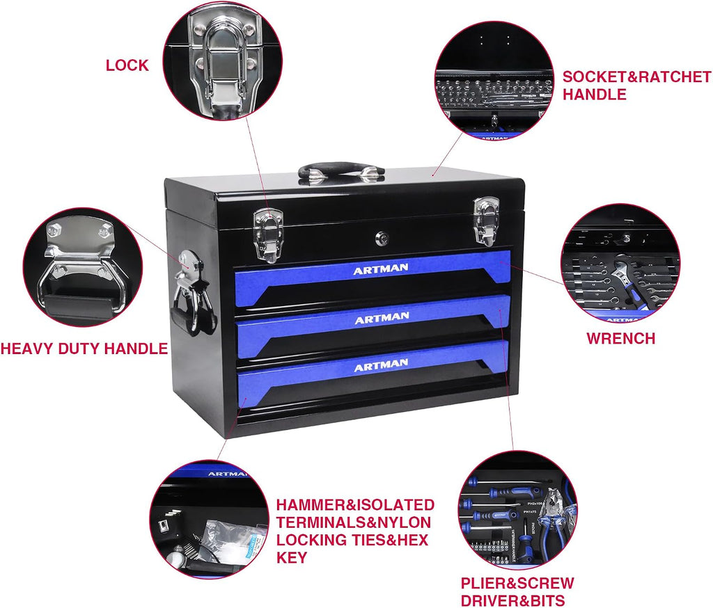 Tool Box Including 439 Pieces of Mechanics Tool Kit, 4-Drawer High Capacity Tool Chest, Lockable Home Repair Tool Storage Organizer with Sliding Drawers for Garage,Blue