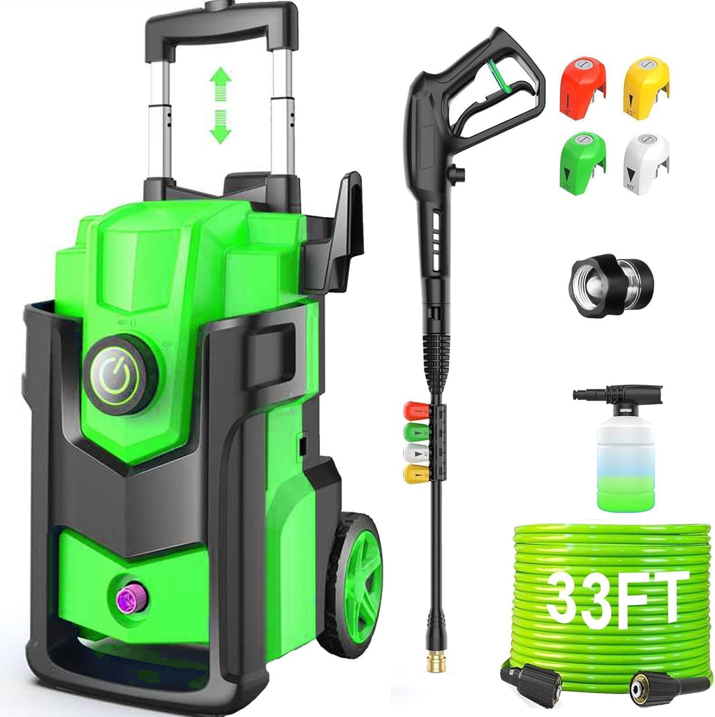 Electric Pressure Washer 5000PSI, Heavy Duty Power Washer Electric Powered, with 4 Nozzles,Foam Cannon,33FT Hose and 500ml Soap Bottle,Car Wash Machine/Car/Driveway/Patio Clean,Green