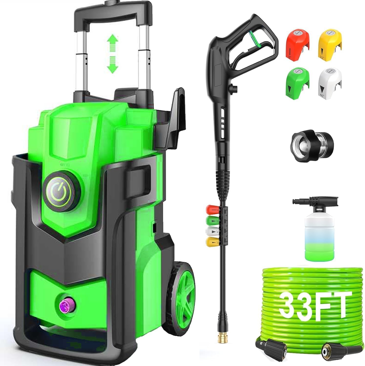 Electric Pressure Washer 5000PSI, Heavy Duty Power Washer Electric Powered, with 4 Nozzles,Foam Cannon,33FT Hose and 500ml Soap Bottle,Car Wash Machine/Car/Driveway/Patio Clean,Green