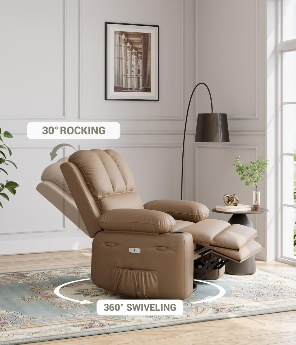 Oversized Recliner Chairs with Massage and Heat, Leather Recliner Chair for Adults, Manual Chair with Cup Holder for Living Room, Bedroom and Nursery (Tan-1)