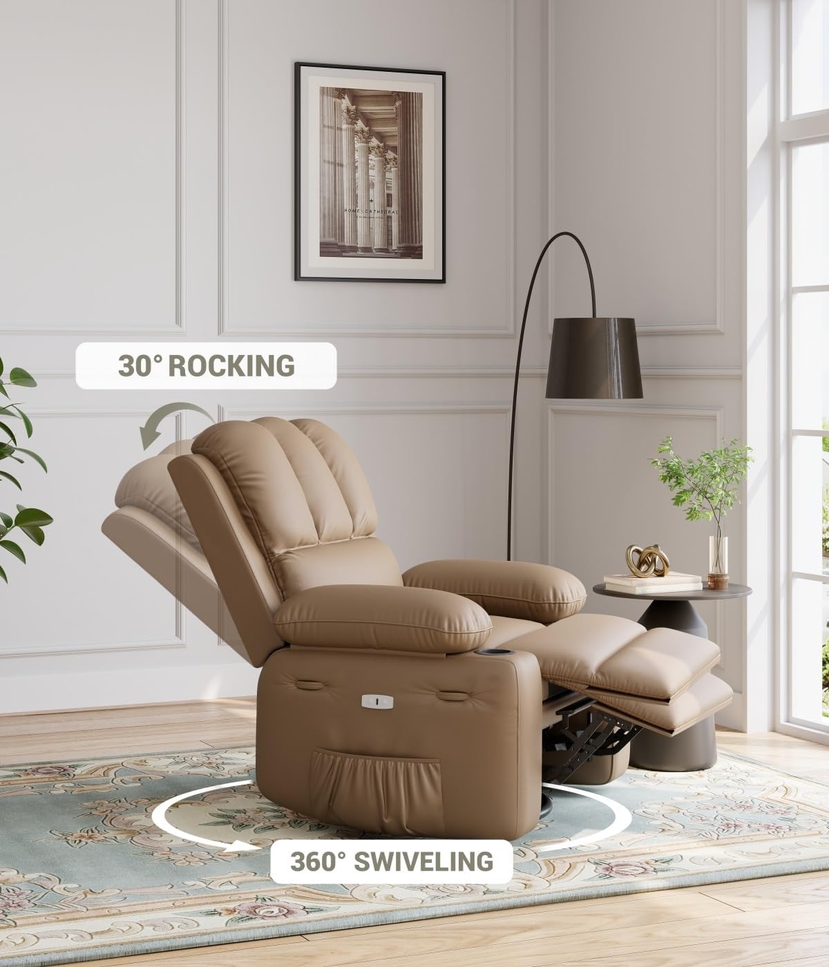 Oversized Recliner Chairs with Massage and Heat, Leather Recliner Chair for Adults, Manual Chair with Cup Holder for Living Room, Bedroom and Nursery (Tan-1)